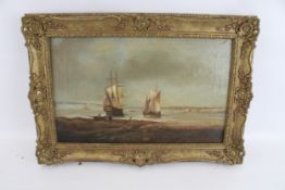 A circa.1800 Dutch maritime oil on canvas. Depicting ships moored in an estuary, 26.