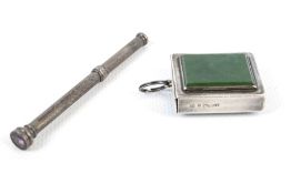 A Victorian silver and nephrite jade mounted vesta/match case and a propelling pencil.