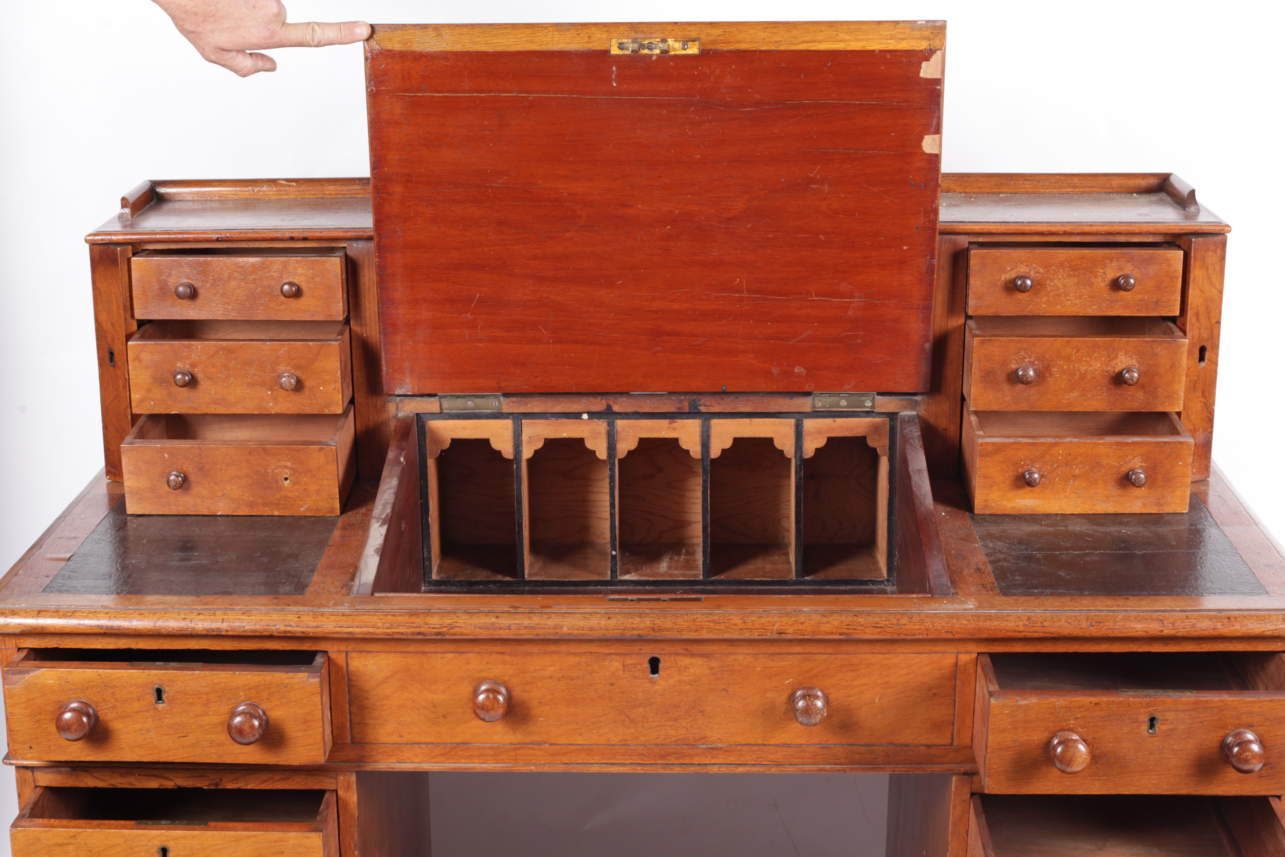 A 19th century stained oak DICKENS desk with slope. - Image 3 of 4