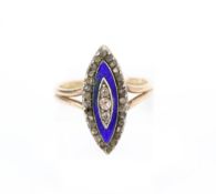 A 19th century gold, blue enamel and diamond small marquise-shaped ring.