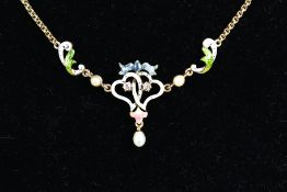 A late Victorian gold, polychrome enamel, diamond and seed-pearl openwork floral scroll necklace.