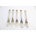 Five various George III and later silver fiddle pattern table forks.