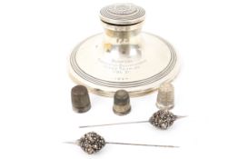 Bermuda/Badmington Interest, a silver capstan shaped inkwell and other items.