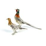 A pair of modern Italian silver and polychrome enamel models of a cock and a hen pheasant.