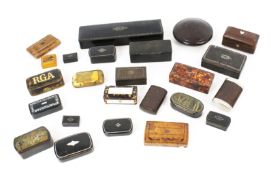 A 19th century tortoiseshell and mother of pearl mounted snuff box and a collection of snuff boxes.