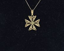 A Maltese gold filigree cross and chain.