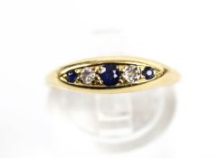 A mid-20th century small sapphire and diamond boat-shaped five stone ring.