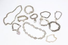 Nine various silver and white metal bracelets and two necklaces.