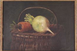 Alfred Mortimer (America, 1848-1924), oil on canvas, carrot and turnip atop a wicker hamper.