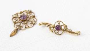 Two Edwardian gold, amethyst and half-pearl openwork floral jewels.