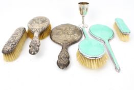 A collection of silver including a silver mounted three piece dresssing table set.
