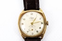 Trojan, an early 20th century gentleman's 9ct gold cushion cased wristwatch, circa 1954.