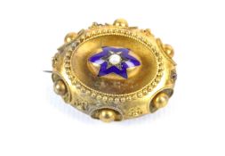 A Victorian gold, enamel and half-pearl oval locket-back brooch.