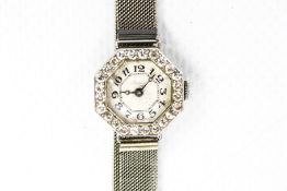 A lady's Art Deco Swiss platinum and diamond octagonal bracelet watch, No.12677.