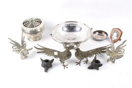 An assortment of silver plated items. Including pheasants and a pair of roosters, a posy bowl etc.
