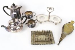 An assortment of 19th century and later silver plate and a pair of bellows.