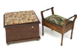 A wooden storage box on casters and a piano stool with needlepoint seat. Max.