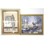 Two framed animal pictures. Consisting of an oil on board of a stag, signed 'P.