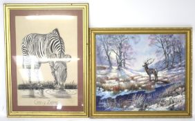 Two framed animal pictures. Consisting of an oil on board of a stag, signed 'P.
