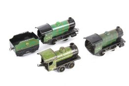 A collection of Hornby O gauge tinplate clockwork locomotive and tenders.