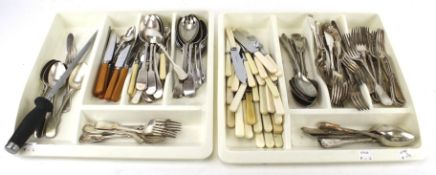 A collection of assorted plated cutlery. Including fiddle pattern and fish knives and forks, etc.