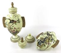 Pair of Victorian opaque glass enamel decorated vases and covers.