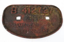 A cast iron wagon plate. Marked 'B 412727, 21T, B'HAM C&W Co 1951, Lot No.2166'. 27.5cm x 16.
