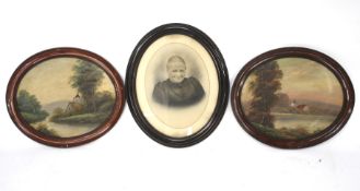 A pair of oil on board paintings and a photograph of a woman.