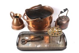 A collection of assorted vintage copper and silver plate. Including a kettle and coal skuttle, etc.