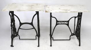 Two tables with cast metal bases. One a 'Singer'. Max.