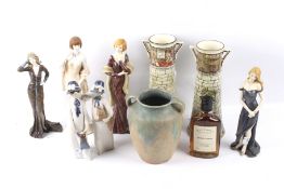 An assortment of ceramics and a bottle of West Country whisky & mead liqueur.