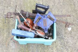 An assortment of tools. Including an oil can, saw, Marples Ridgway chisel, etc.