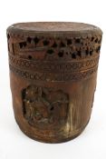 A Chinese carved bamboo lidded pot and page turner.