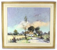 M. Gaulin oil painting on canvas of cottages. Signed bottom right.