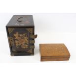 A Japanese lacquer jewellery box and a parquetry 'Sorrento' playing card box.