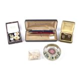 A Parker gold-plated pen, two other pens, a collection of cufflinks and studs,