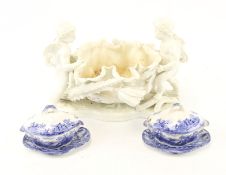 A pair of Ridgways miniature blue and white tureens and a Worcester bowl.