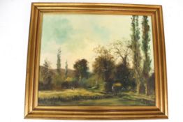 A contemporary oil on canvas depicting a rural riverside scene.