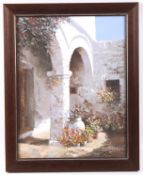 Oil painting on canvas of a European patio.