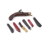 A collection of six assorted penknives and a flintlock pistol. Including Victornox, etc.