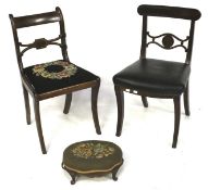 Two assorted vintage mahogany dining chairs and a footstool.