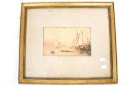 A 20th century watercolour depicting ships in a harbour. Unsigned, 12.