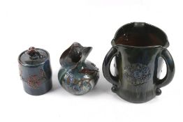 Three pieces of Elton Ware ceramics. Comprising a vase, H14.5cm, a three handled loving cup, H20.