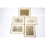 Five 19th century pencil sketches. Depicting castles, gates, cottages and street scenes.