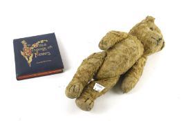 A vintage English golden plush jointed teddy bear and a flower book.