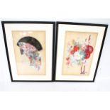 Two contemporary Japanese coloured prints. One depicting two fans, 54cm x 34.