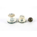 Two W. T. Avery, Birmingham shop scale weights and a Scottish ceramic banded carpet bowl.