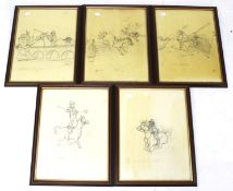 A set of five comic charter 'pony riding' pencil sketches.