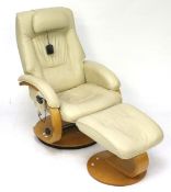 A cream leather swivel armchair and stool. With a wooden base.