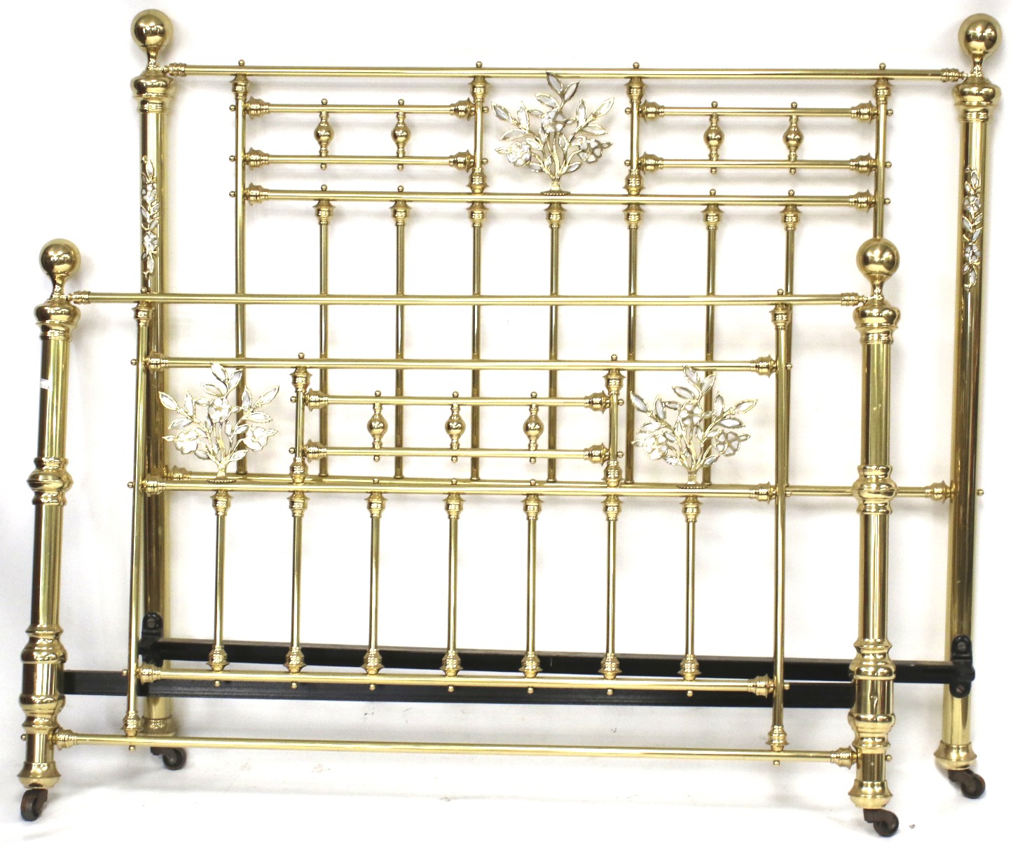 A reproduction brass double bed ends only. With mother of pearl inlaid decoration. 150cm width.